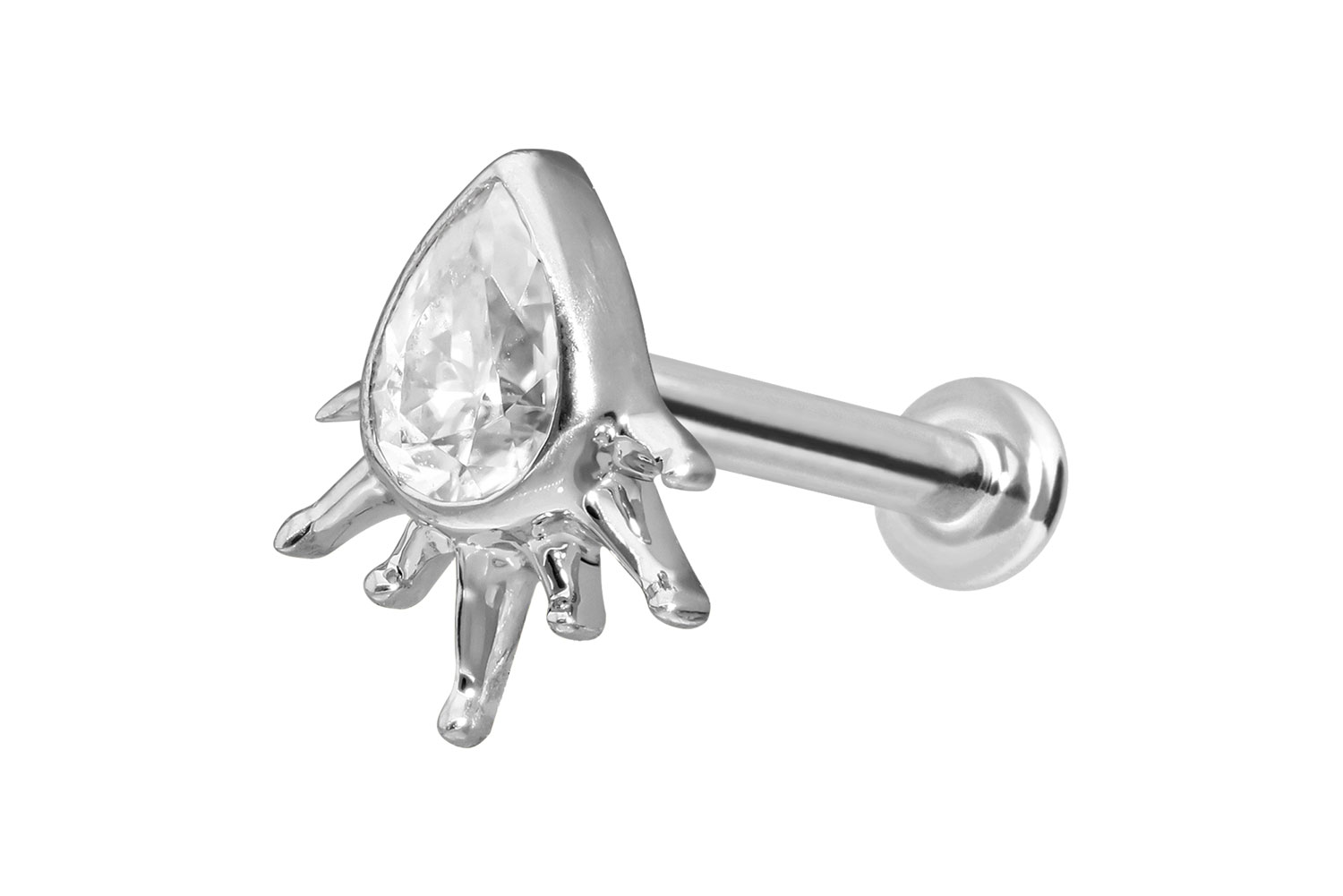 14 Karat Gold Labret Piercing mit Innengewinde MOISSANIT-TROPFEN + SONNENSTRAHLEN